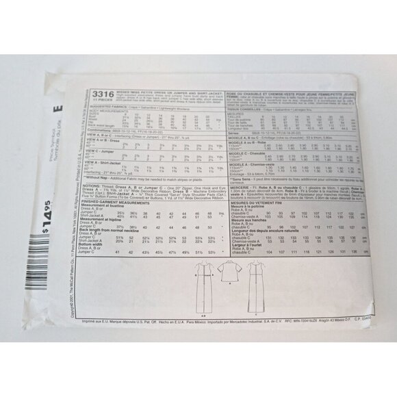 McCall's 3316 Sewing Pattern Misses' Dress Jumper Skirt Jacket Size 16 18 20 22 - Picture 3 of 3